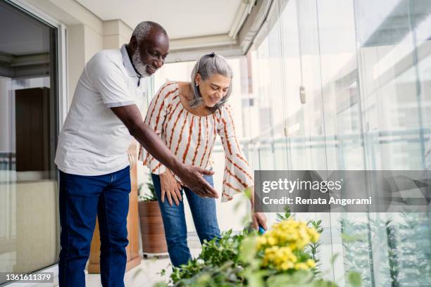 senior couple watering the plants at home - african american senior couple gardening stock pictures, royalty-free photos & images