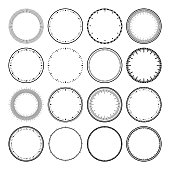 Mechanical clock faces, bezel. Watch dial with minute and hour marks. Timer or stopwatch element. Blank measuring circle scale with divisions. Vector illustration