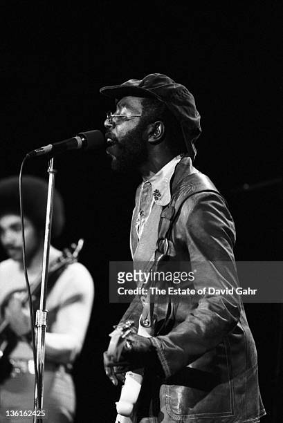 Soul musician Curtis Mayfield performs at Hofstra College on November 6, 1972 on Long Island, New York.