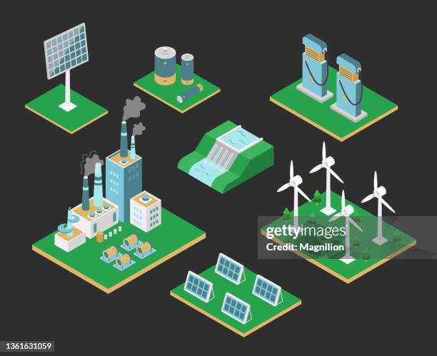 ilustraciones, imágenes clip art, dibujos animados e iconos de stock de vector isométrico de energía alternativa - solar powered station