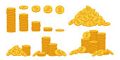 Gold coin pile cartoon style set neat money piles bunche heap mountain currency icons vector