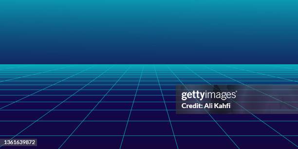 ilustrações de stock, clip art, desenhos animados e ícones de retro style landscape with blue grid background - laser