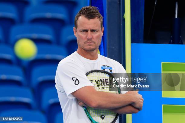 Australia Coach Lleyton Hewitt looks on during Alex De Minaura practice session ahead of the 2022 ATP Cup at Ken Rosewall Arena on December 29, 2021...