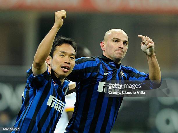 Esteban Cambiasso and Yuto Nagatomo of FC Inter Milan celebrates scoring the third goal during the Serie A match between FC Internazionale Milano and...
