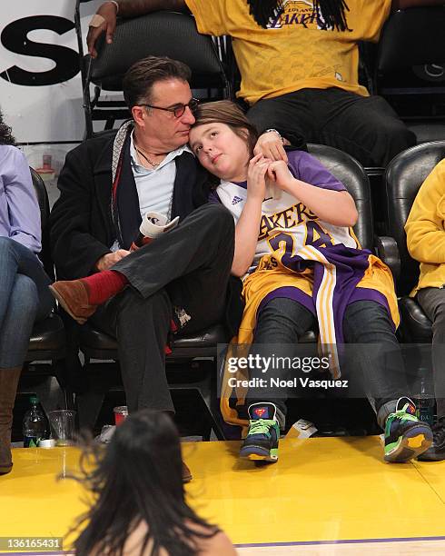 Andy Garcia and Andres Garcia-Lorido attend the Los Angeles Lakers vs Utah Jazz game on December 25, 2011 in Los Angeles, California.