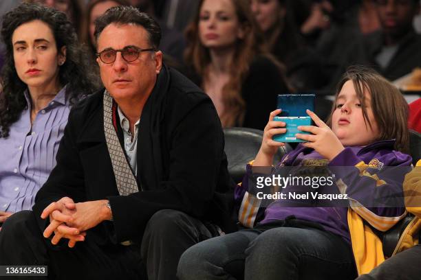 Andy Garcia and Andres Garcia-Lorido attend the Los Angeles Lakers vs Utah Jazz game on December 25, 2011 in Los Angeles, California.