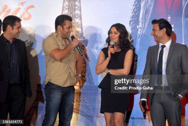 PremRaj, Salman Khan, Preity Zinta and Gaurav Chanana attend the film 'Ishkq in Paris' music launch on September 17, 2012 in Mumbai, India.