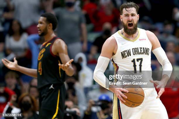 Jonas Valanciunas of the New Orleans Pelicans reacts after being fouled during the fourth quarter of a NBA game against the Cleveland Cavaliers at...