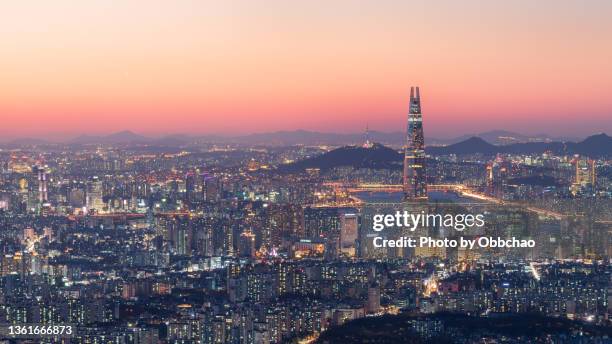 lotte tower in korea - seoul skyline stock pictures, royalty-free photos & images