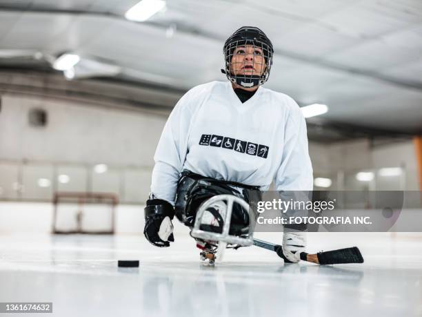 mature disabled latin woman playing sledge hockey - adaptive athlete imagens e fotografias de stock