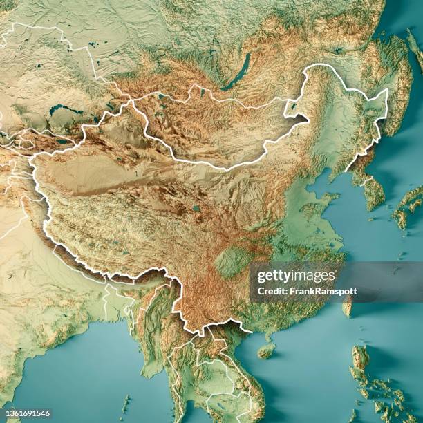 china 3d render topografische karte farbrahmen - map of china stock-fotos und bilder