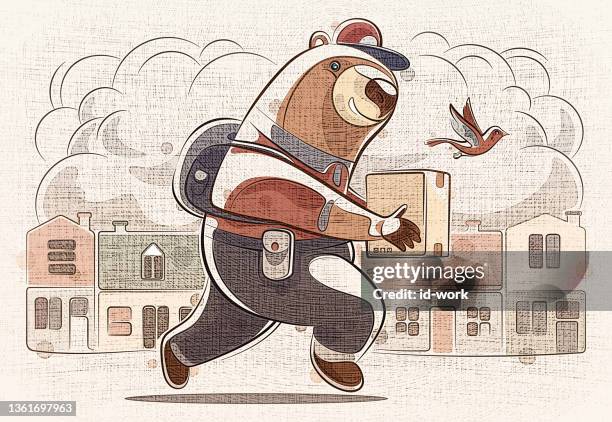 courier bear carrying parcel - responsible packaging stock illustrations