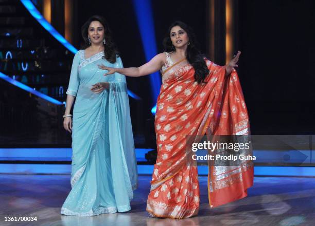 Madhuri Dixit and Rani Mukherje are seen at the sets of 'Jhalak Dikhhla Jaa' on September 18,2012 in Mumbai, India.