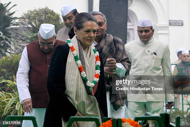 Congress President Sonia Gandhi meets with congress leaders during an event organized to commemorate 127th anniversary of Congress Party Foundation...