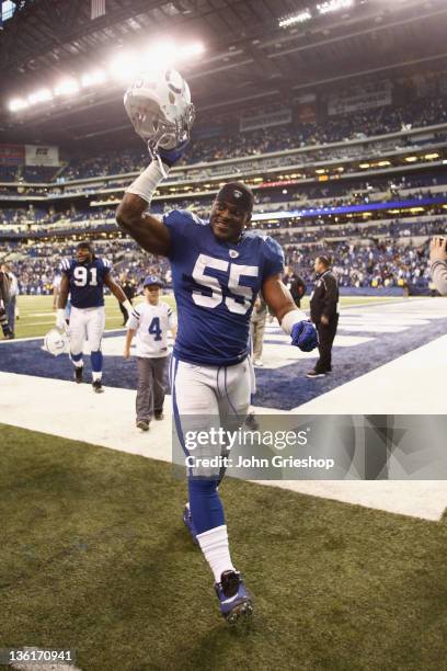 Ernie Sims of the Indianapolis Colts walks off the field after his team's first victory of the season during the game against the Tennessee Titans at...