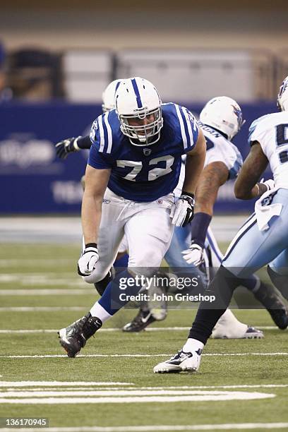 Jeff Linkenbach of the Indianapolis Colts blocks downfield during the game against the Tennessee Titans at Lucas Oil Stadium on December 18, 2011 in...