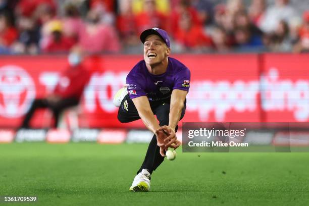 Nathan Ellis of the Hurricanes drops a catch during the Men's Big Bash League match between the Melbourne Renegades and the Hobart Hurricanes at...