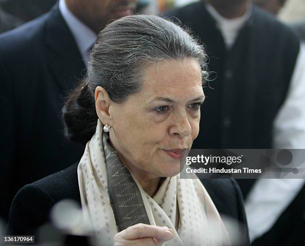 Congress President Sonia Gandhi addresses the media after attending an event organized to commemorate 127th anniversary of Congress Party Foundation...