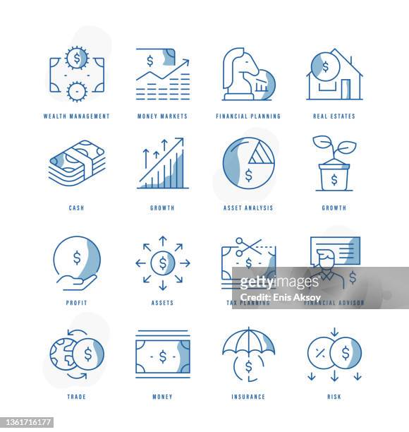 ilustraciones, imágenes clip art, dibujos animados e iconos de stock de iconos de gestión patrimonial - plan financiero