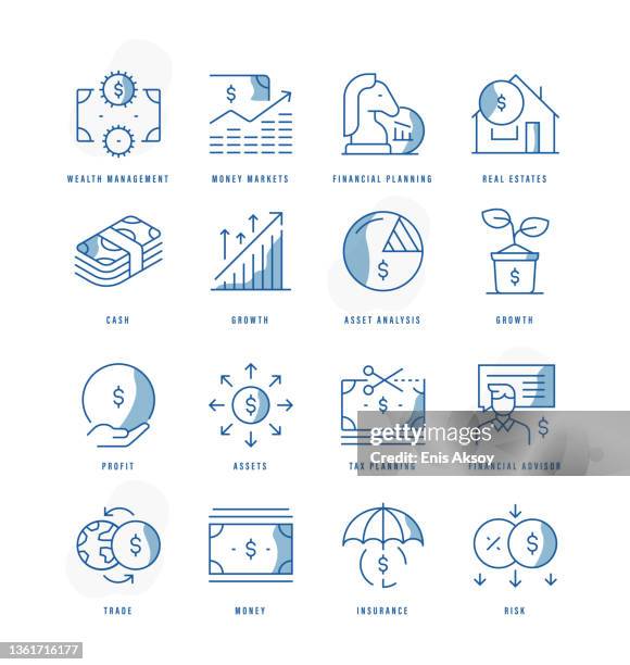 ilustrações, clipart, desenhos animados e ícones de ícones de gestão de riqueza - ação da bolsa de valores