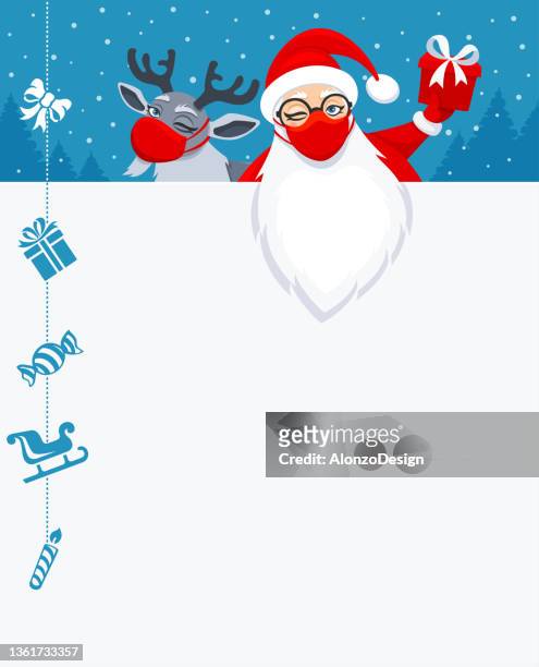 クリスマスサンタクロースと居心地の良い19安全マスクと彼のトナカイ。 - 親善試合点のイラスト素材／クリップアート素材／マンガ素材／アイコン素材