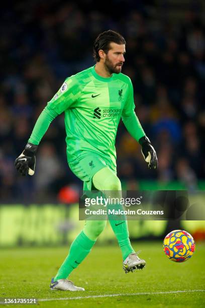 Allison Becker of Liverpool controls the ball during the Premier League match between Leicester City and Liverpool at The King Power Stadium on...