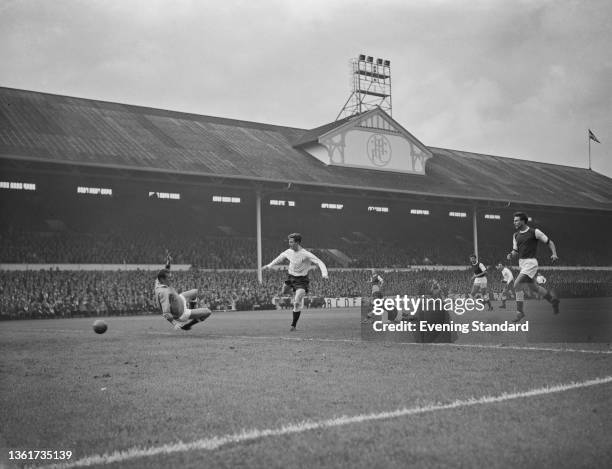 British goalkeeper Pat Jennings dives to save the shot from British footballer Jimmy Robertson of Spurs during the English Division 1 match between...