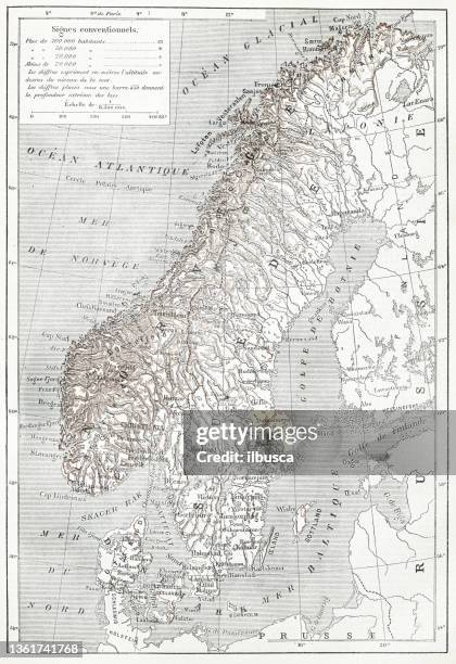 antique french map of scandinavia - norwegen 幅插畫檔、美工圖案、卡通及圖標