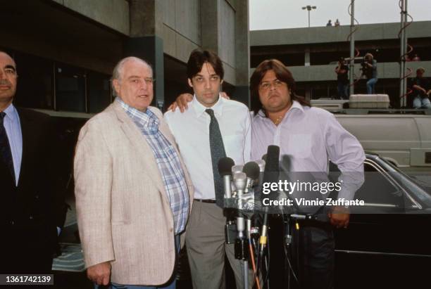 American actor Marlon Brando and his sons, American actor Christian Brando and Miko Brando, address the press at Los Angeles County Jail in Los...