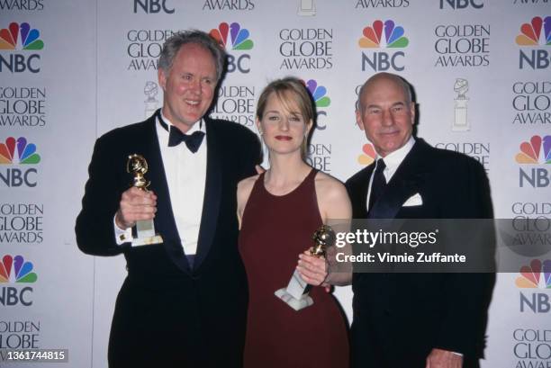 American actor John Lithgow, American actress Helen Hunt, British actor Patrick Stewart in the press room of the 54th Golden Globe Awards, held at...