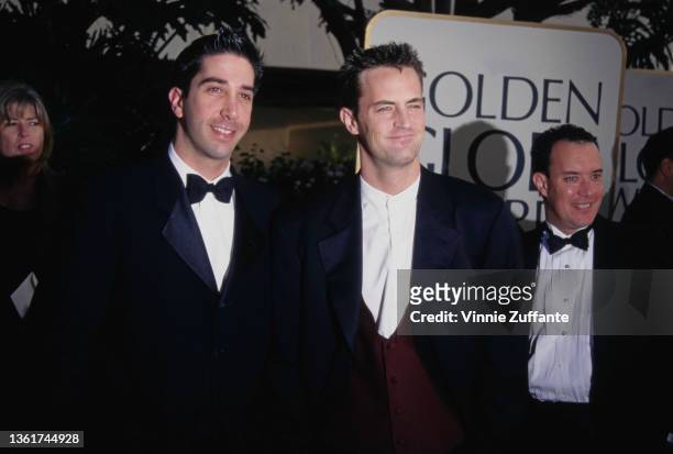 American actor David Schwimmer and Canadian-American actor Matthew Perry attend the 54th Golden Globe Awards, held at the Beverly Hilton Hotel in...