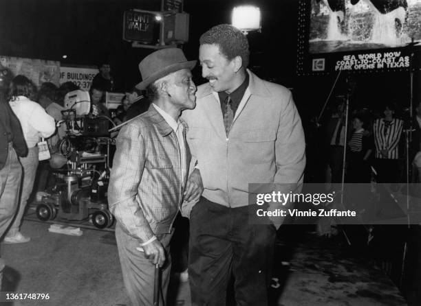 American actor, dancer and comedian Sammy Davis Jr and American actor, dancer, and choreographer Gregory Hines on the set of their film 'Tap' in New...