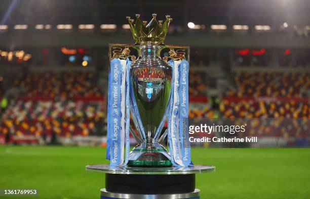 Detailed view of the Premier League Trophy inside of the stadium ahead of the Premier League match between Brentford and Manchester City at Brentford...