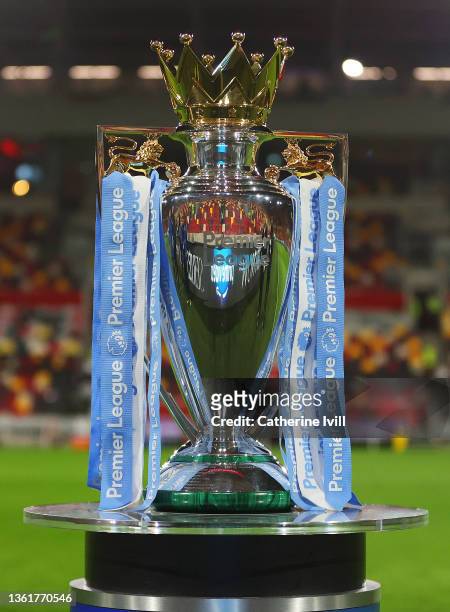 Detailed view of the Premier League Trophy inside of the stadium ahead of the Premier League match between Brentford and Manchester City at Brentford...