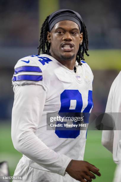 Randy Gregory of the Dallas Cowboys walks to the sidelines during a game against the Washington Football Team at AT&T Stadium on December 26, 2021 in...