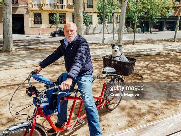 mature man on tandem bike with his dog riding through the city - tandem bicycle bildbanksfoton och bilder