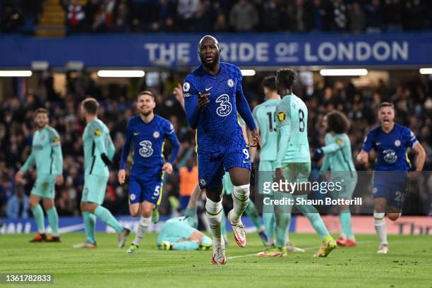 Romelu Lukaku of Chelsea celebrates after scoring their sides first goal during the Premier League match between Chelsea and Brighton & Hove Albion...