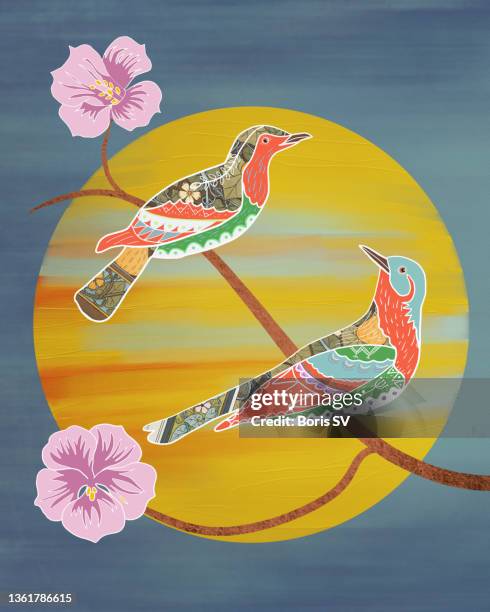 thrush birds on magnolia tree - zangvogels stockfoto's en -beelden