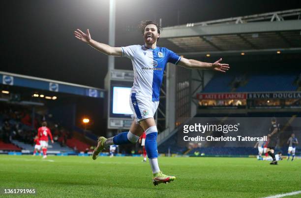 Ben Brereton of Blackburn Rovers celebrates after scoring their sides second goal during the Sky Bet Championship match between Blackburn Rovers and...