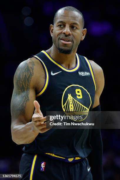 Andre Iguodala of the Golden State Warriors calls to teammates against the Philadelphia 76ers at Wells Fargo Center on December 11, 2021 in...