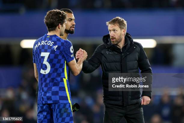 Marcos Alonso of Chelsea at the end of match with Head Coach Graham Potter of Brighton & Hove Albion after Danny Welbeck of Brighton & Hove Albion...
