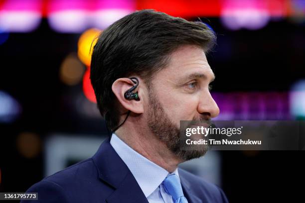 Mike Greenberg of ESPN looks on during a game between the Philadelphia 76ers and the Golden State Warriors at Wells Fargo Center on December 11, 2021...