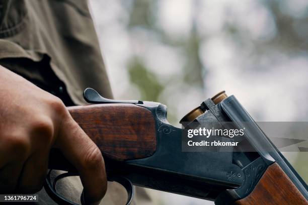 hand of a hunter with an open shotgun with cartridges during a hunting day in woodland - fusil fotografías e imágenes de stock