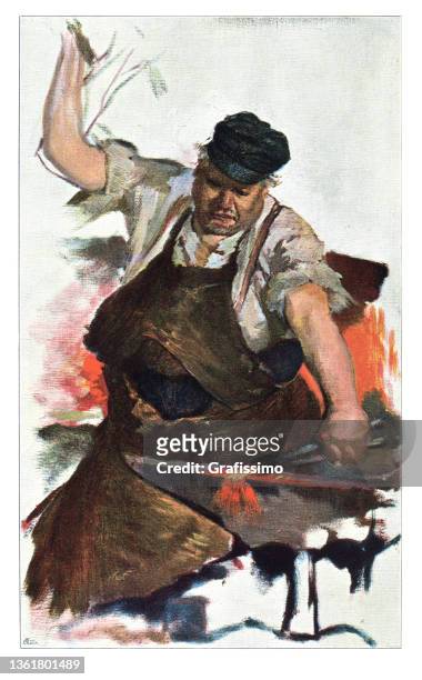 blacksmith working with iron on anvil portrait - art smith stock illustrations