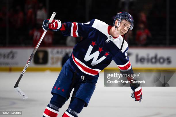 Evgeny Kuznetsov of the Washington Capitals celebrates after the game against the Nashville Predators at Capital One Arena on December 29, 2021 in...