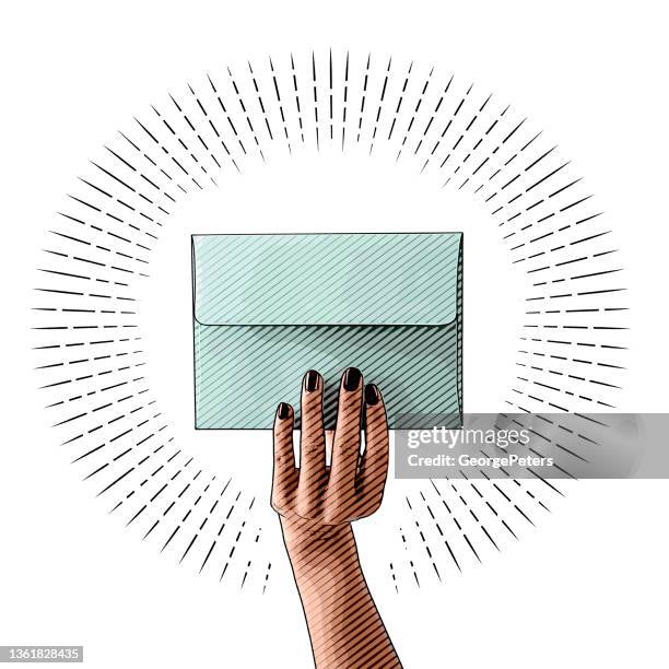 women's hand holding mail - hands opening envelope stock illustrations