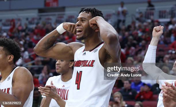 Roosevelt Wheeler of the Louisville Cardinals celebrates in the game against the Wake Forest Deacons at KFC YUM! Center on December 29, 2021 in...