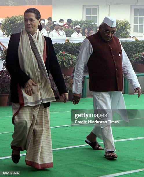 Congress President Sonia Gandhi and Senior Congress leader Moti Lal Vora attend an event organized to commemorate 127th anniversary of Congress Party...