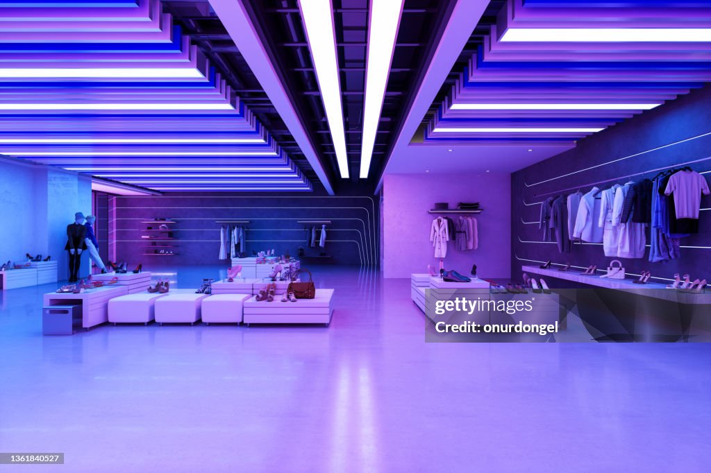 Clothing Store With Clothes, Shoes, Other Personal Accessories And Neon Lights