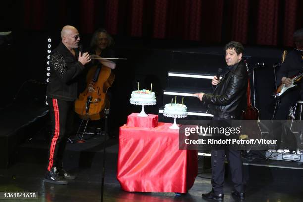 Surprise arrival of Pascal Obispo for Laurent Gerra's birthday during the "Laurent Gerra sans Moderation" Show at L'Olympia on December 29, 2021 in...